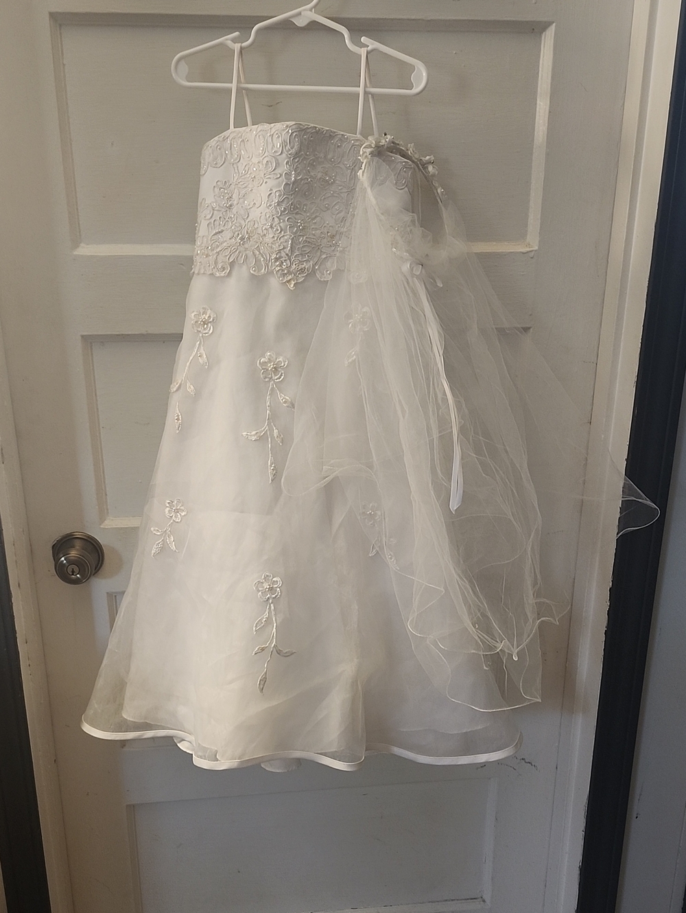 David's Bridal White Strapless A-Line Gown with Floral Applique